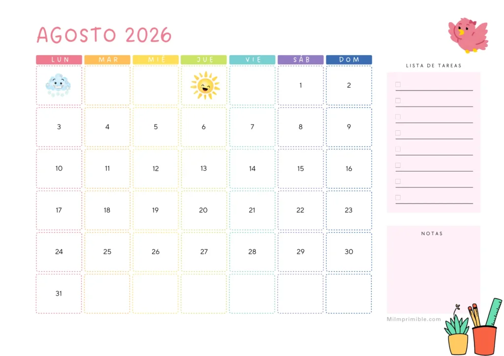 Calendario de agosto 2026 para imprimir, diseño arcoíris con lista de tareas y notas