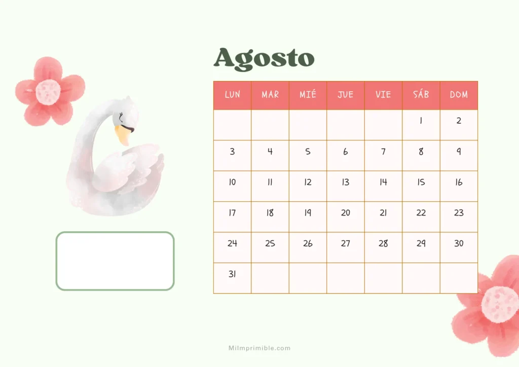 Calendario de agosto 2026 para imprimir, diseño con cisne acuarela y flores en tonos verde menta y rosa