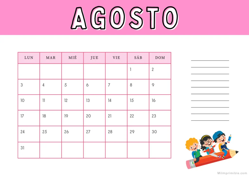 Calendario de agosto 2026 para imprimir, diseño estilo cómic en rosa con niños sobre un lápiz gigante