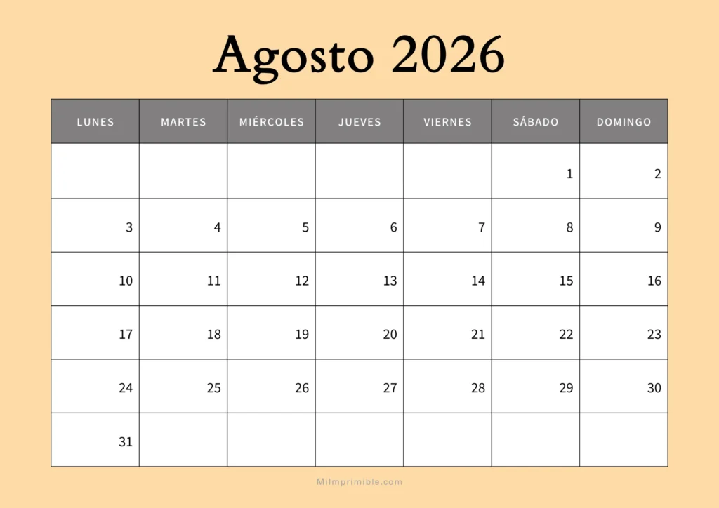 Calendario de agosto 2026 para imprimir, diseño elegante con fondo naranja pastel y tipografía serif