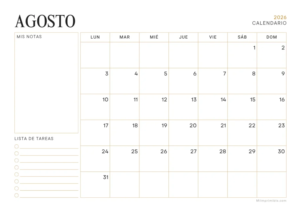 Calendario de agosto 2026 para imprimir con secciones de notas y lista de tareas, diseño elegante en blanco y negro