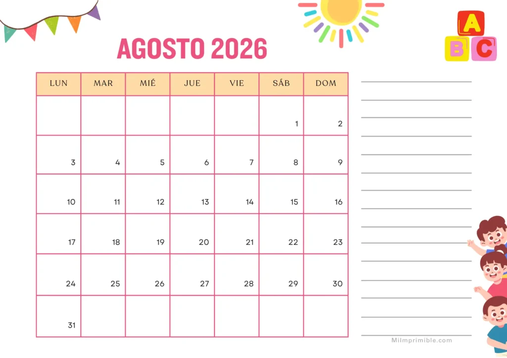 Calendario de agosto 2026 para imprimir, diseño infantil con banderines, sol y bloques ABC