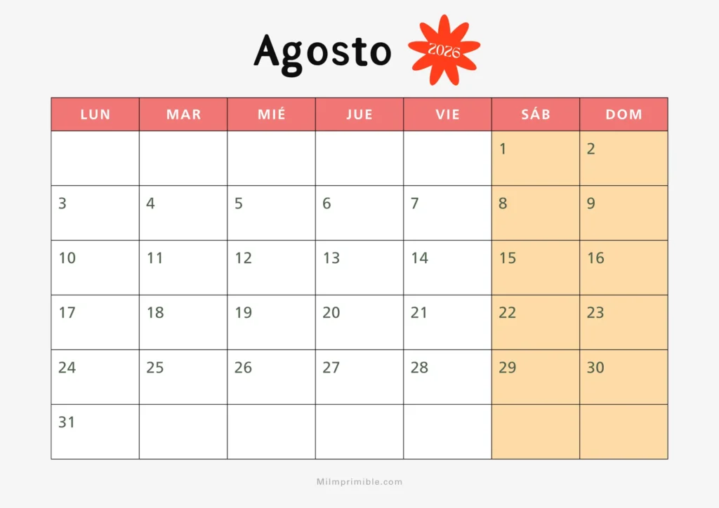 Calendario de agosto 2026 para imprimir, diseño floral con flor coral y fin de semana resaltado
