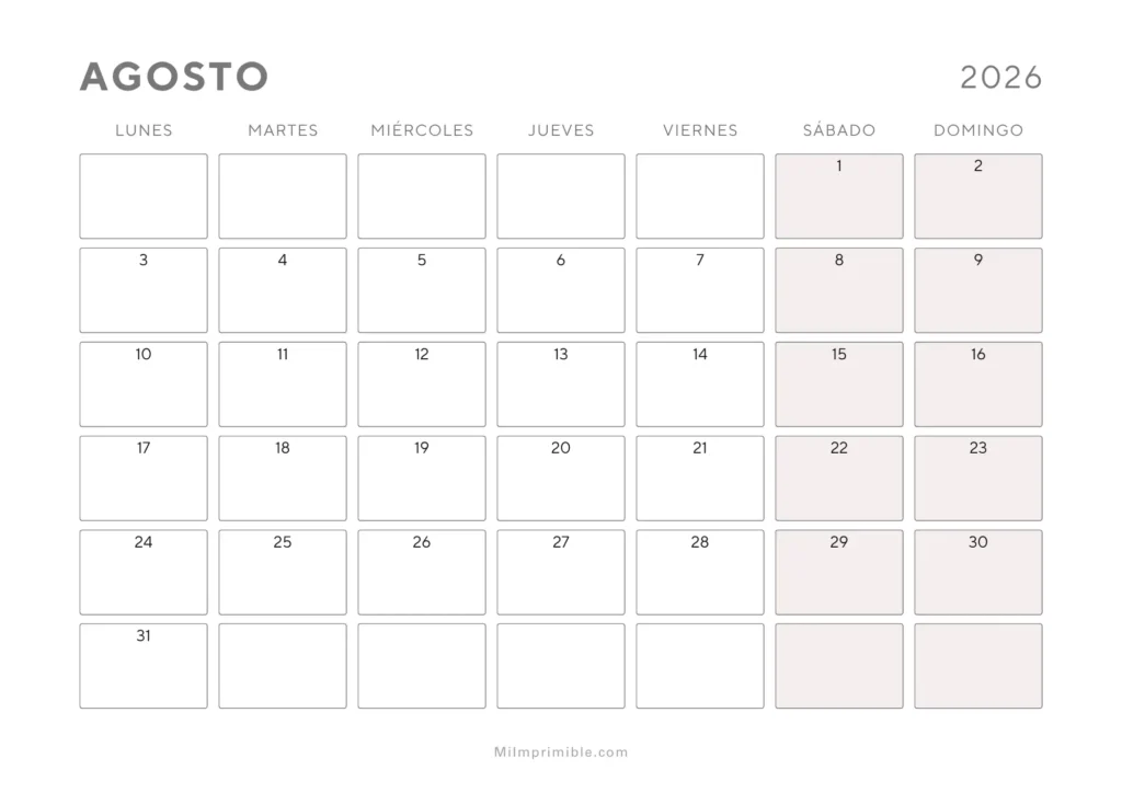 Calendario de agosto 2026 para imprimir, diseño minimalista en blanco y gris