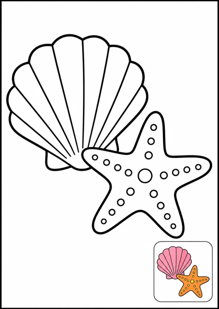 Ficha de verano para colorear, una concha de mar junto a una estrella de mar