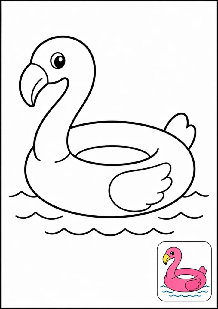 Ficha de verano para colorear, un flotador de piscina con forma de flamenco