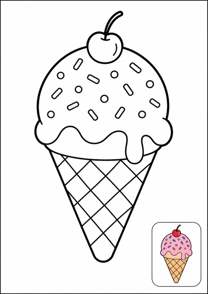 Ficha de verano para colorear, un helado de cucurucho con cereza y chispas de colores