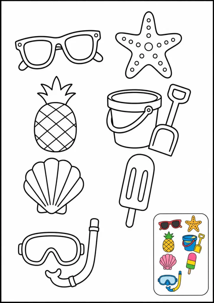 Ficha de verano para colorear, cuadrícula con gafas de sol, estrella de mar, piña y más objetos de verano