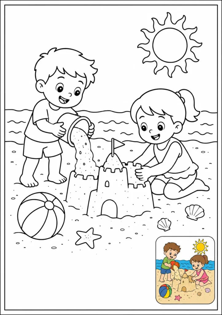 Ficha de verano para colorear, niños jugando con cubo y pala en la arena