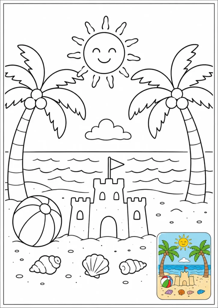 Ficha de verano para colorear, paisaje de playa con palmeras, sol y castillo de arena