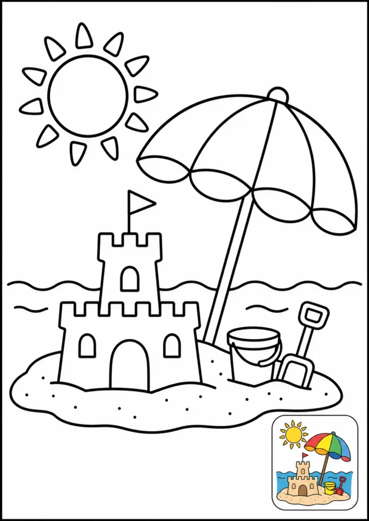 Ficha de verano para colorear, castillo de arena bajo una sombrilla