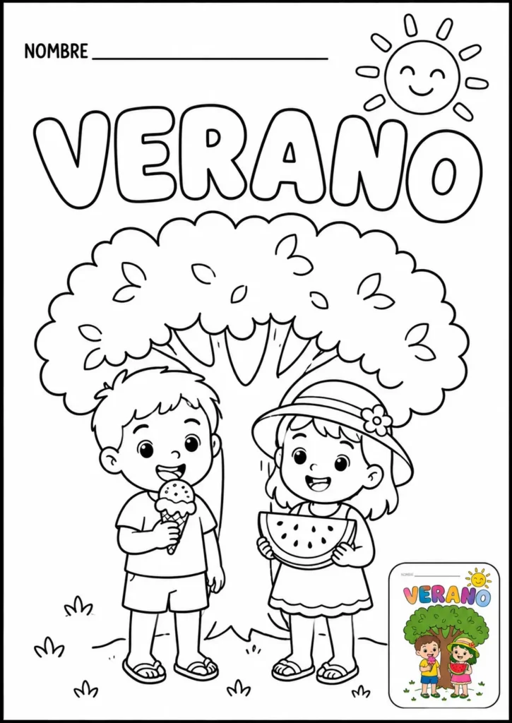 Ficha de verano para colorear, portada con la palabra VERANO y dos niños bajo un árbol