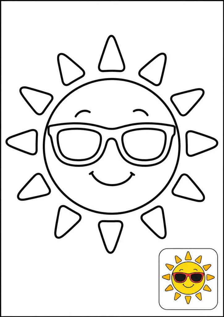 Ficha de verano para colorear, un sol sonriente con gafas de sol