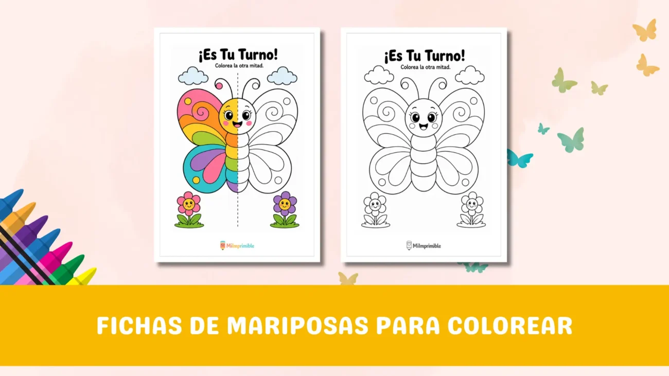 Fichas de mariposas para colorear gratis en PDF, con guía de color y versión en blanco