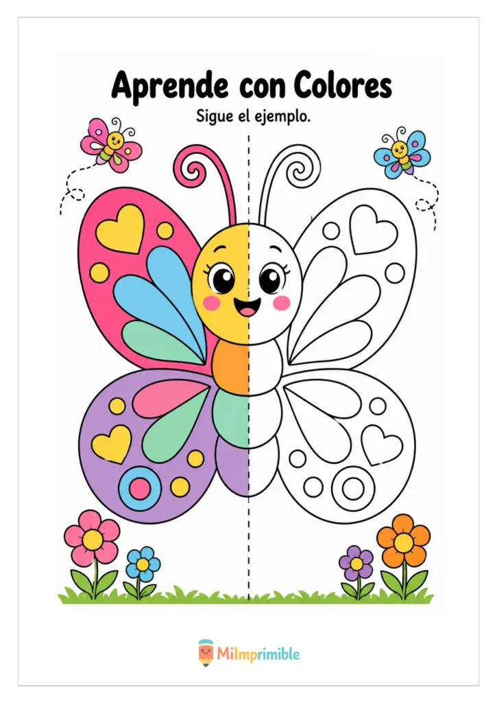 Ficha para colorear una mariposa rodeada de mariposas pequeñas y flores