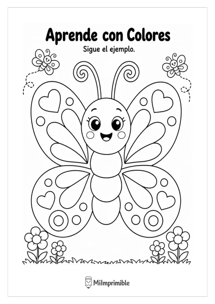 Ficha para colorear una mariposa con mariposas pequeñas en blanco
