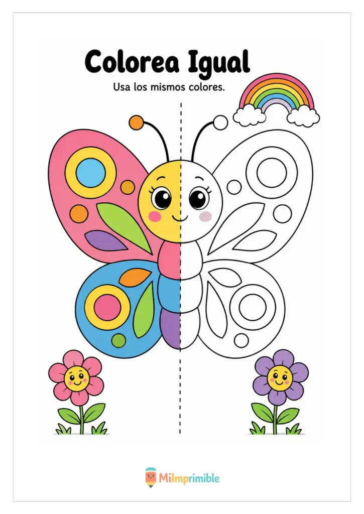 Ficha para colorear una mariposa junto a un arcoíris