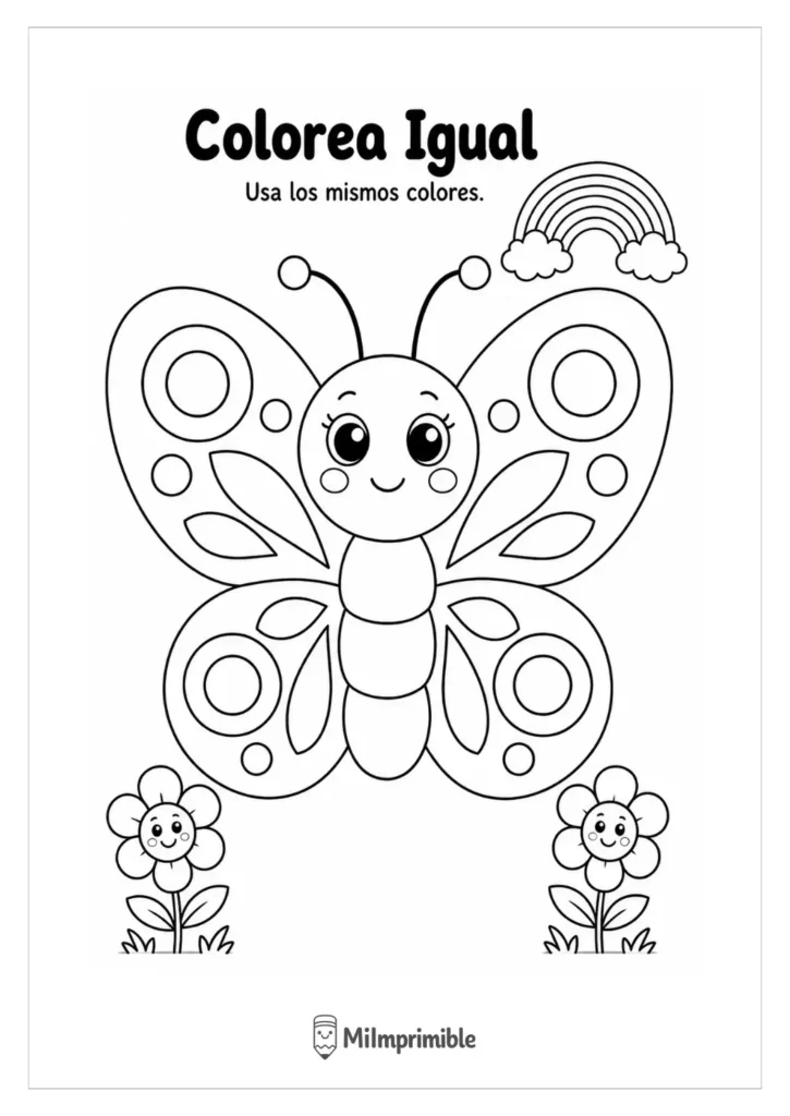 Ficha para colorear una mariposa junto a un arcoíris en blanco