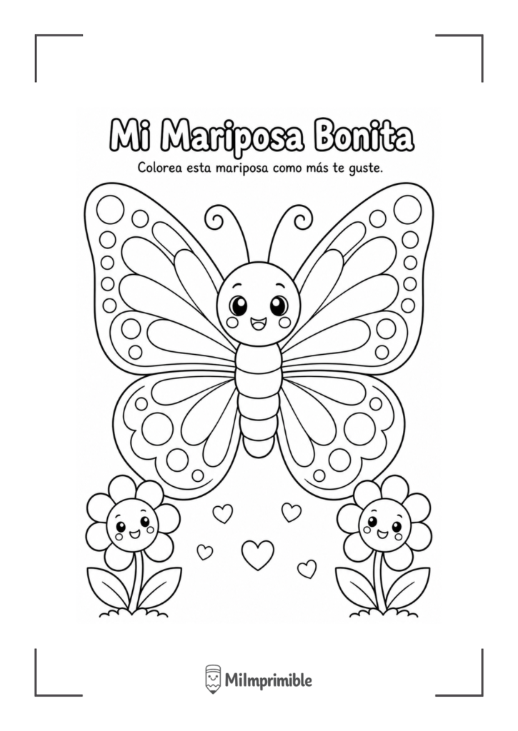 Dibujo de una mariposa para colorear con círculos y corazones alrededor