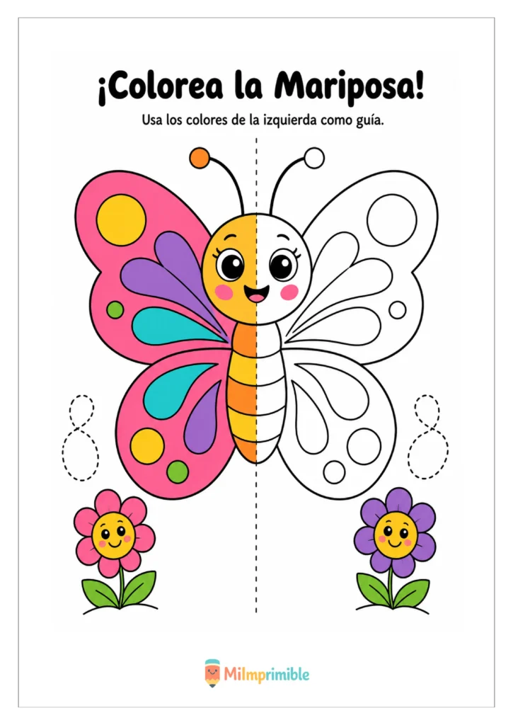 Ficha para colorear una mariposa, mitad rosa y morada como guía, junto a flores