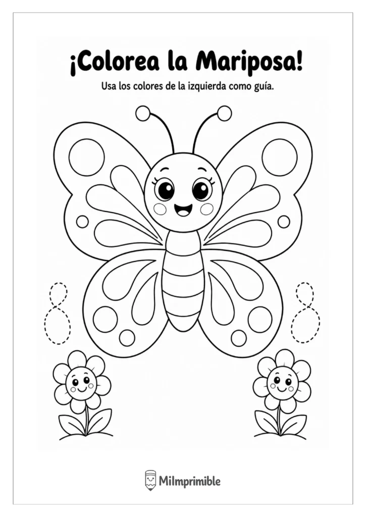 Ficha para colorear una mariposa en blanco, junto a flores