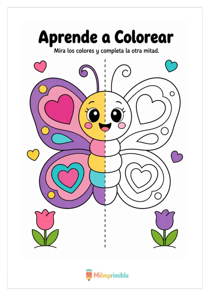 Ficha para colorear una mariposa con corazones, mitad rosa y morada como guía