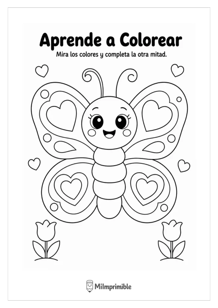 Ficha para colorear una mariposa con corazones en blanco