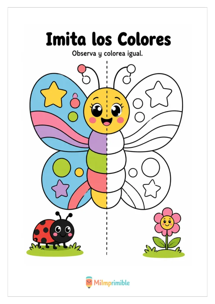 Ficha para colorear una mariposa con estrellas, junto a una mariquita y una flor