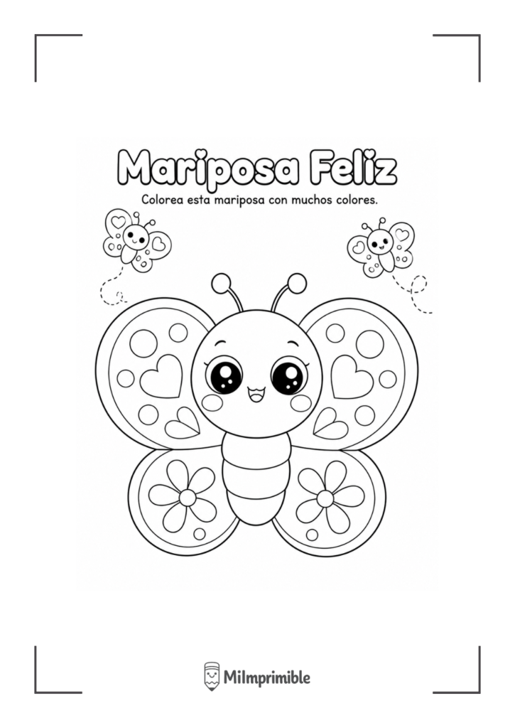 Dibujo de una mariposa feliz para colorear, con corazones y flores en las alas