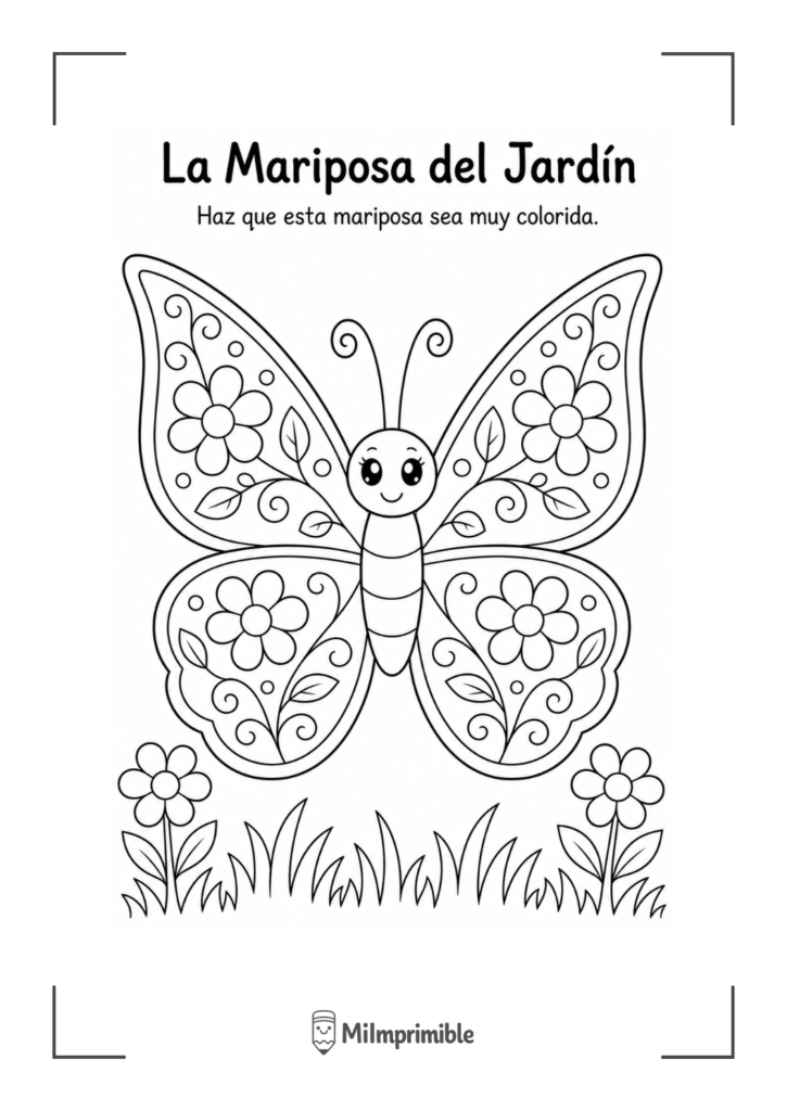 Dibujo de una mariposa para colorear con flores y remolinos en las alas