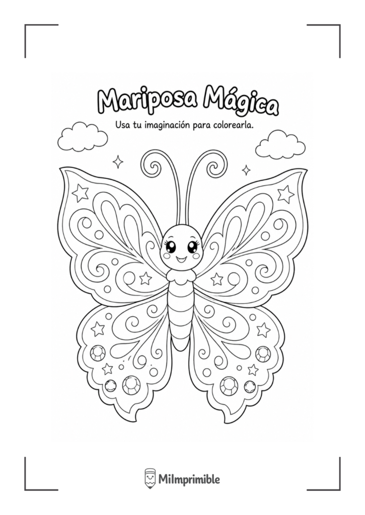 Dibujo de una mariposa mágica para colorear, con estrellas y gemas en las alas