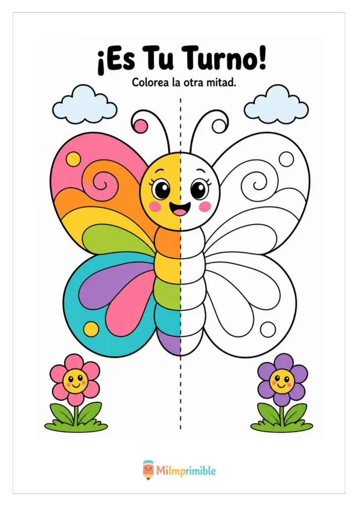 Ficha para colorear una mariposa en espiral, con nubes y flores