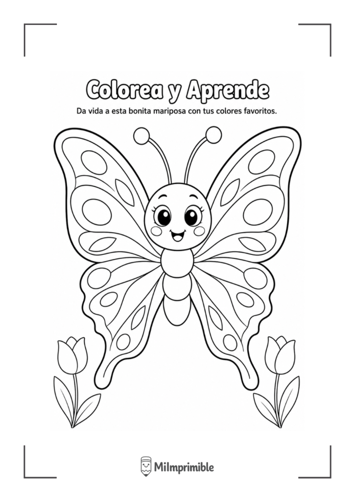 Dibujo de una mariposa para colorear con óvalos en las alas y tulipanes